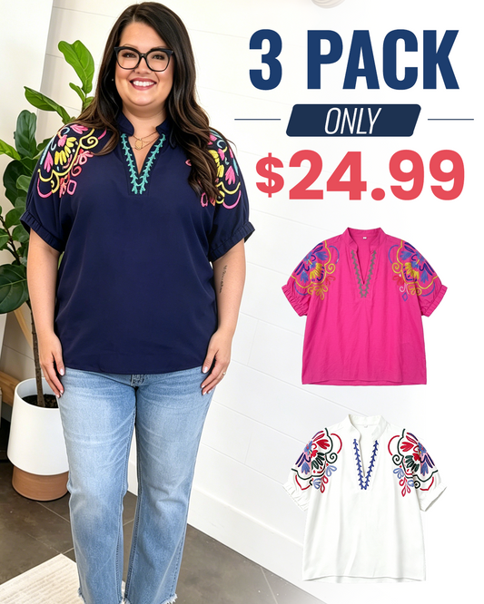 Sunshine Serenade Embroidered Split Neck Blouse