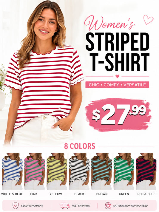 Women's Scalloped Crew Neck Striped T-Shirt