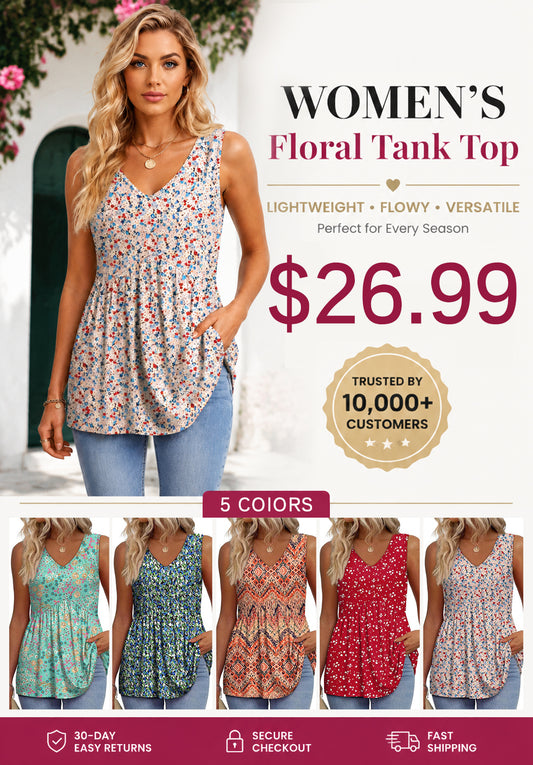 ⏰Hot Sale-Women's Print Flowy Sleeveless V Neck Peplum Tank Tops