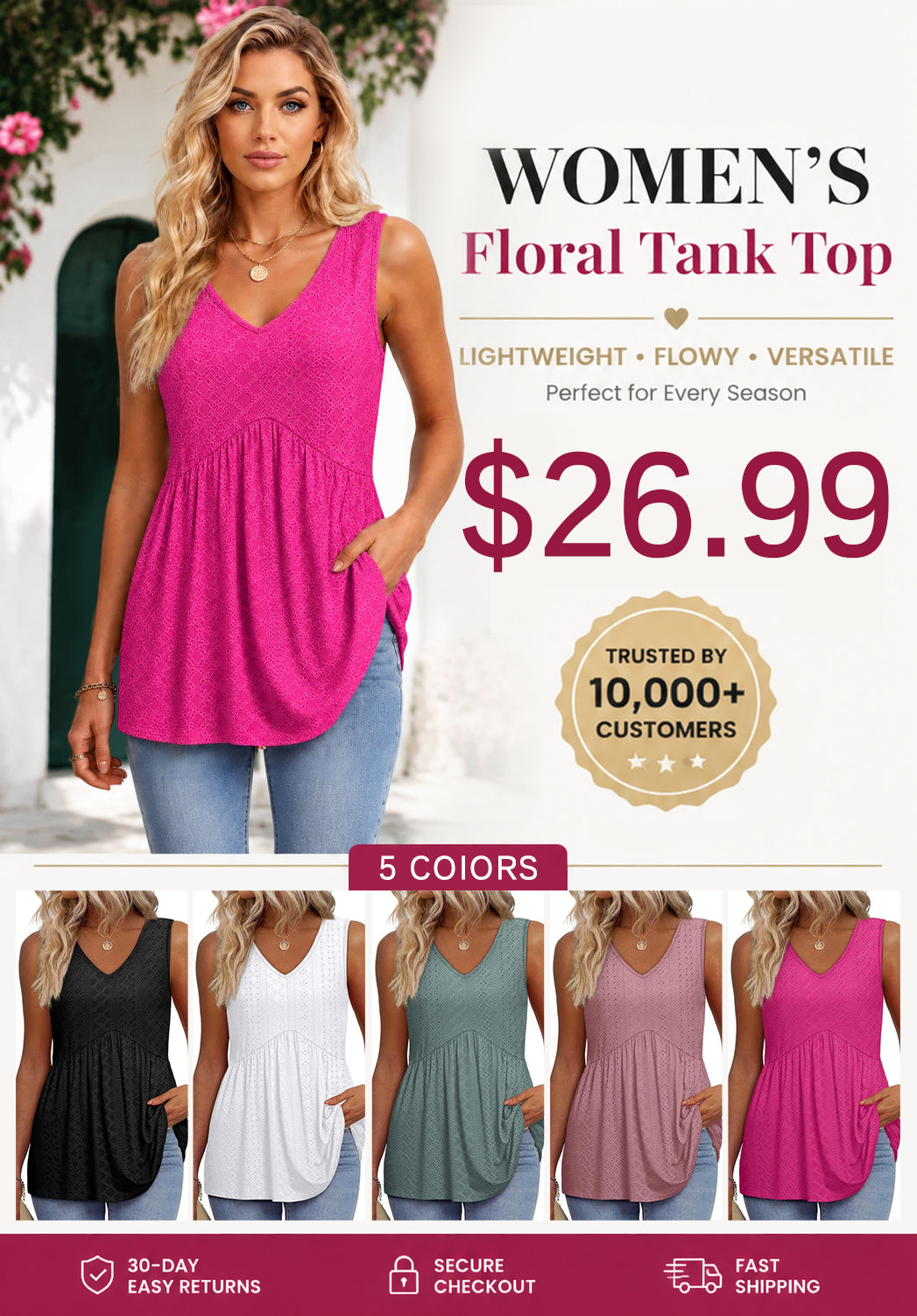 ⏰Hot Sale-Women's Print Flowy Sleeveless V Neck Peplum Tank Tops