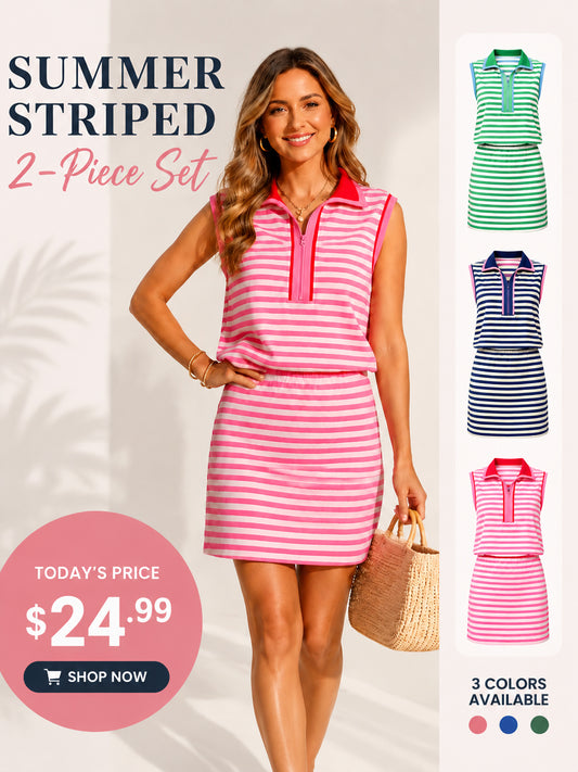 Women's Stripe Print Contrast Trim Zip Collar Sleeveless 2pcs Skort Set