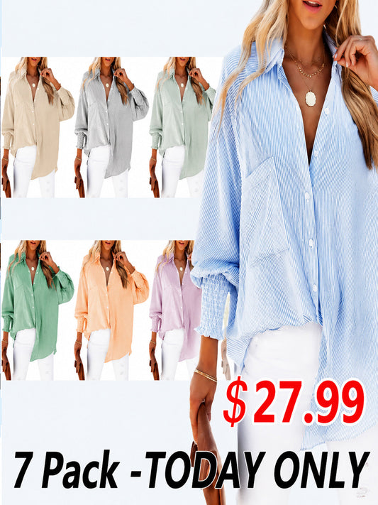 🔥2026 Clearance Item🔥Women's pleated cuffs striped shirt with pockets and casual collar