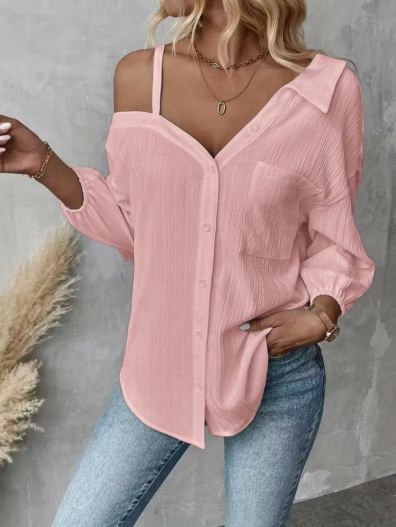 Women's Asymmetric Collar Drop Shoulder Loose Casual Shirt