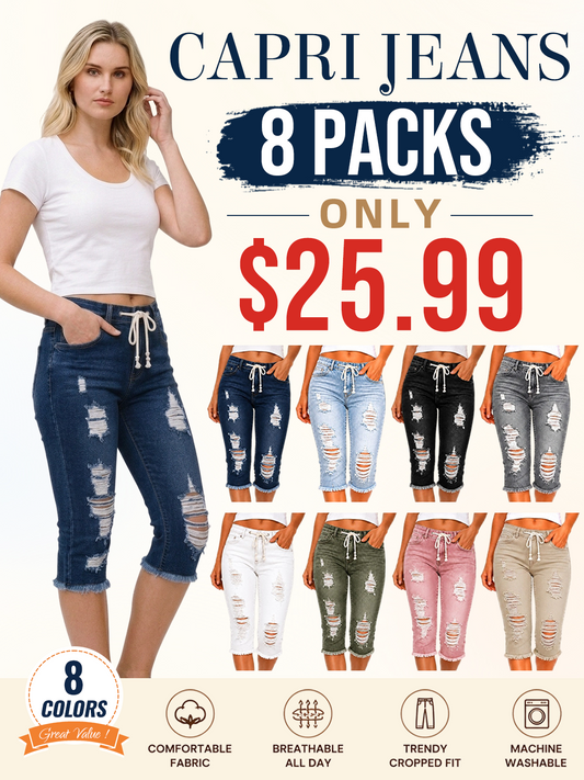 Fashion Distressed Ripped Capri Jeans Plus Size Casual High-Waisted Drawstring Waist Denim Cropped Pants + Lace cutout top