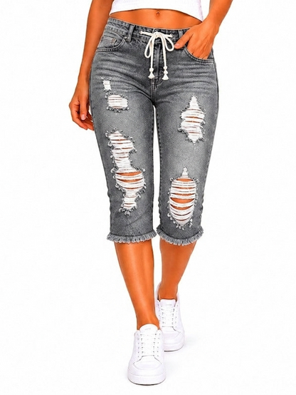 Fashion Distressed Ripped Capri Jeans Plus Size Casual High-Waisted Drawstring Waist Denim Cropped Pants + Lace cutout top