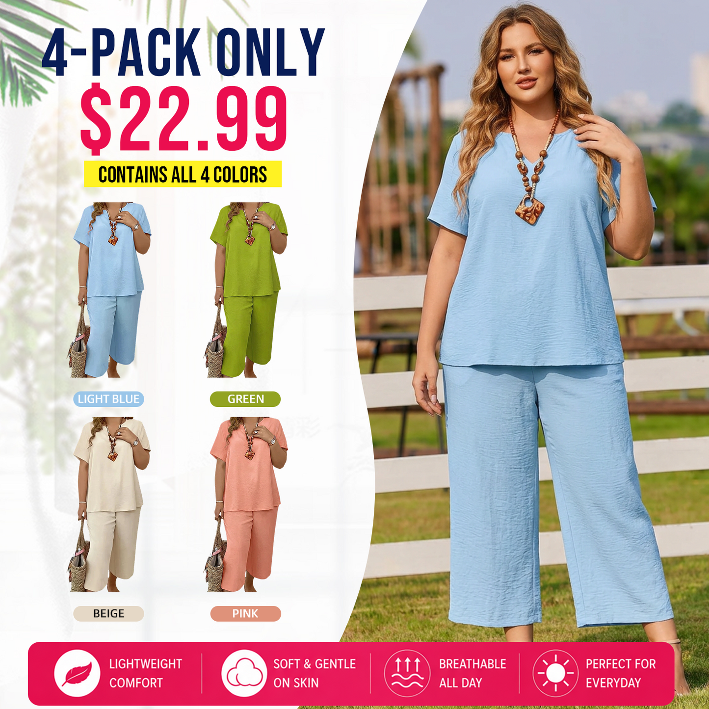 Summer Sale👗Women's Solid Short Sleeve Top & Loose Wide Leg Pants 2-Piece Set