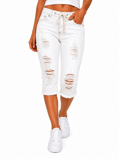 Fashion Distressed Ripped Capri Jeans Plus Size Casual High-Waisted Drawstring Waist Denim Cropped Pants + Lace cutout top