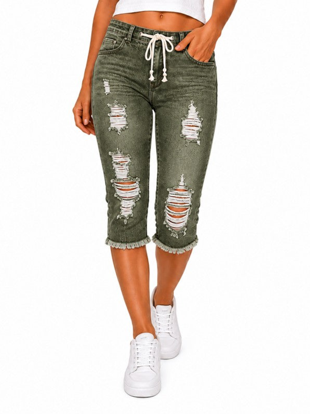 Fashion Distressed Ripped Capri Jeans Plus Size Casual High-Waisted Drawstring Waist Denim Cropped Pants + Lace cutout top
