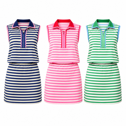 Women's Stripe Print Contrast Trim Zip Collar Sleeveless 2pcs Skort Set