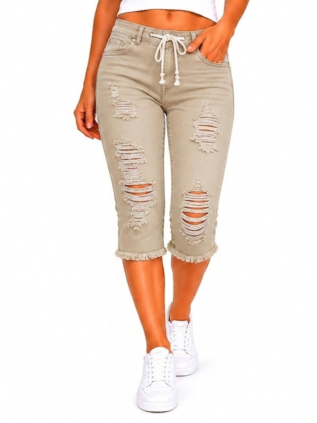 Fashion Distressed Ripped Capri Jeans Plus Size Casual High-Waisted Drawstring Waist Denim Cropped Pants + Lace cutout top