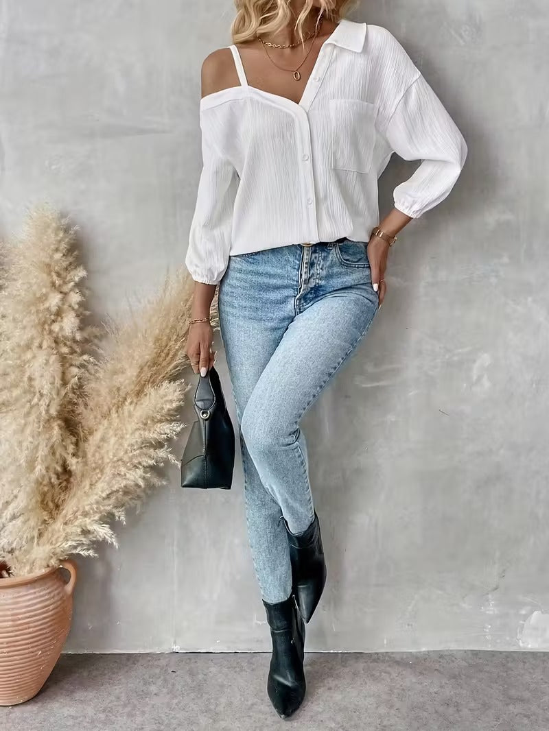 Women's Asymmetric Collar Drop Shoulder Loose Casual Shirt